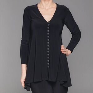 Sympli Black Duo Diva Tunic Top Buttons V Neck Blouse Flowy Comfortable Size 12